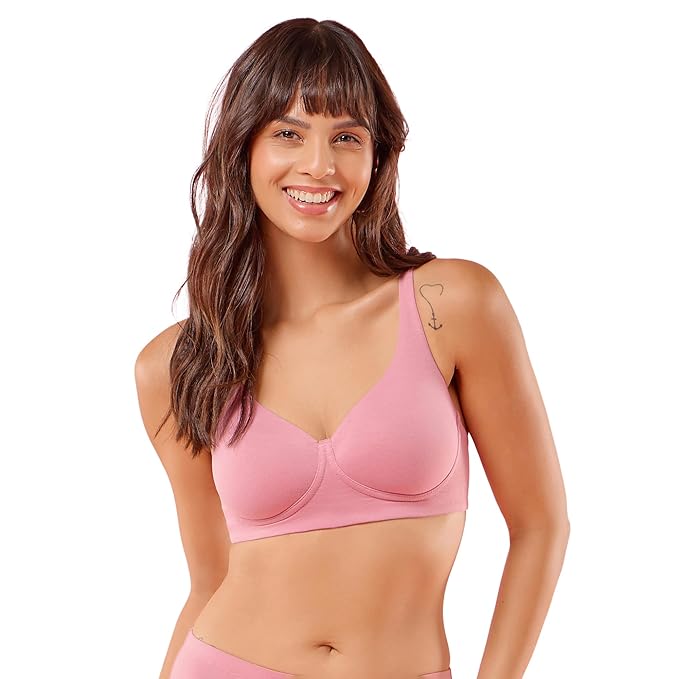 Enamor Women Cotton Innovations Bamboo Bliss,Plunge,Super Soft,Everyday T-Shirt Bra-Naturally Absorbent & Antimicrobial,Padded,Wirefree,High Coverage