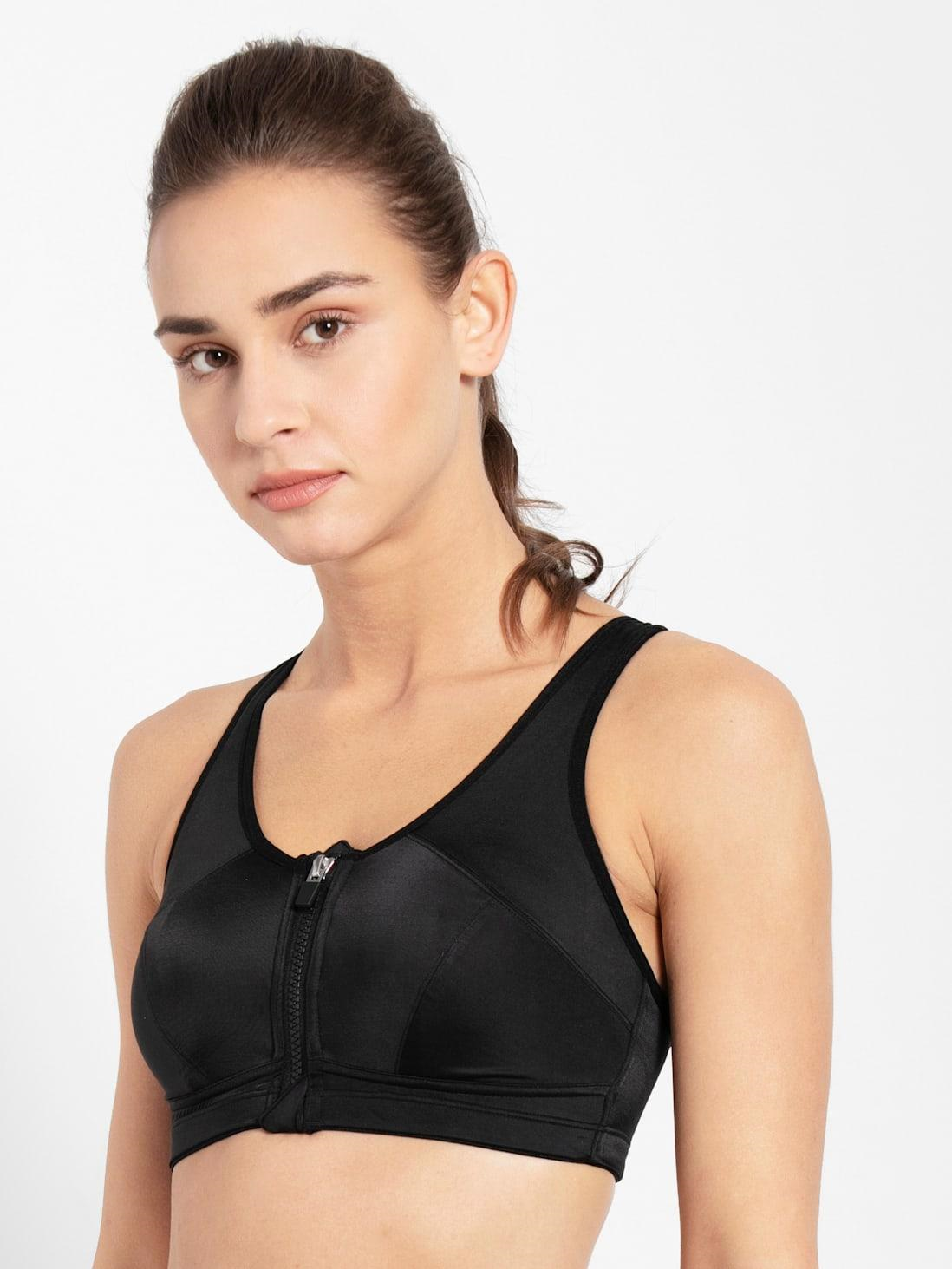Jockey Women's Sports Bra | Wirefree | Padded | Full Coverage | Printed | Racer Back Front Zipper Styling | Microfiber Elastane Fabric