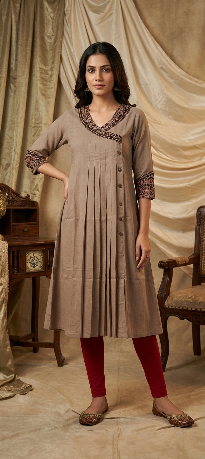 Embroidered V-Neck Pleated Ethnic Long Kurti for Women- LIGHT GRAY
