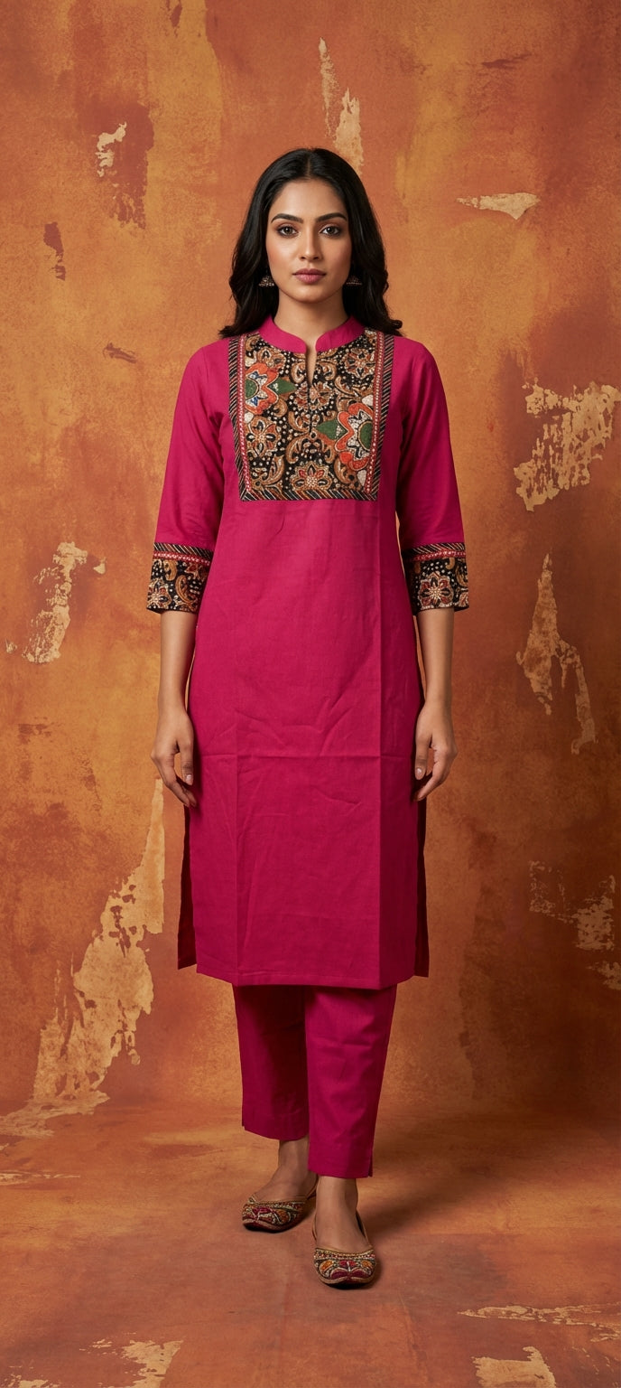 Ethnic Charm Rani Pink Kurti Pant Set with Yoke Work