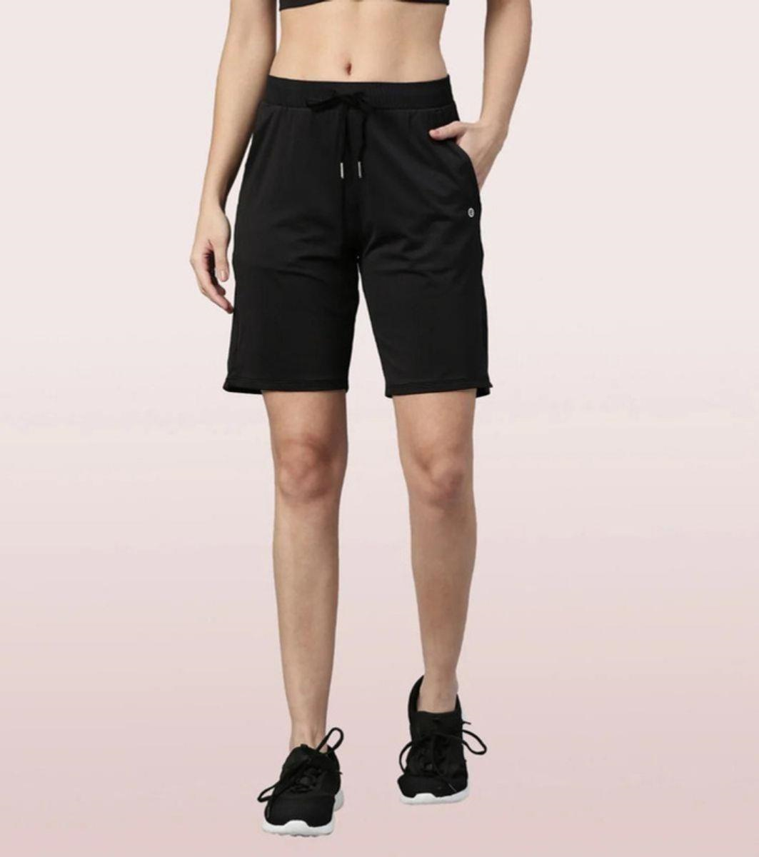 Enamor Mid Rise Knee length Drawstring Closure Active Shorts for Women - Relaxed Fit, Quick Dry, Antimicrobial