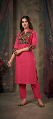Cotton Blend Embroidered Neck Kurti with Pant Set