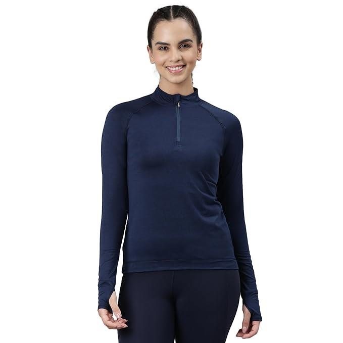 Enamor Full Sleeve High Neck Medium Length Pull on Dry Fit T-Shirt for Women - Slim Fit