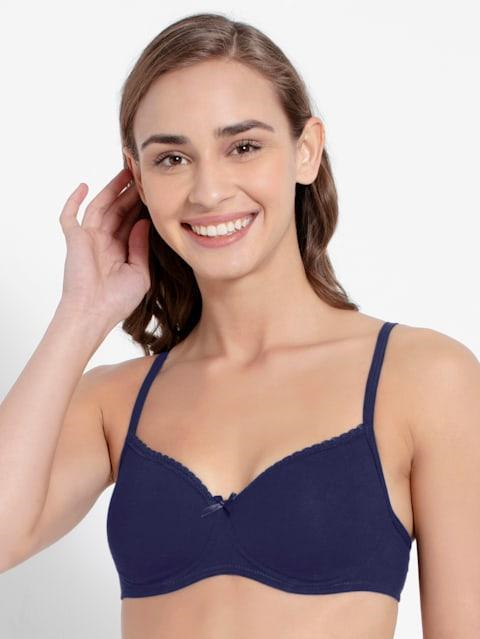 Jockey  Women's Wirefree Padded Super Combed Cotton Elastane Stretch Medium Coverage Lace Styling T-Shirt Bra with Adjustable Straps