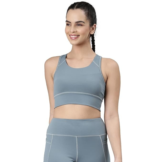 Enamor Wide Straps Seamed T-Back Basic Workout Sports Bra - Quick Dry, Antimicrobial, Removable Padding, Non-Wired, Full Coverage