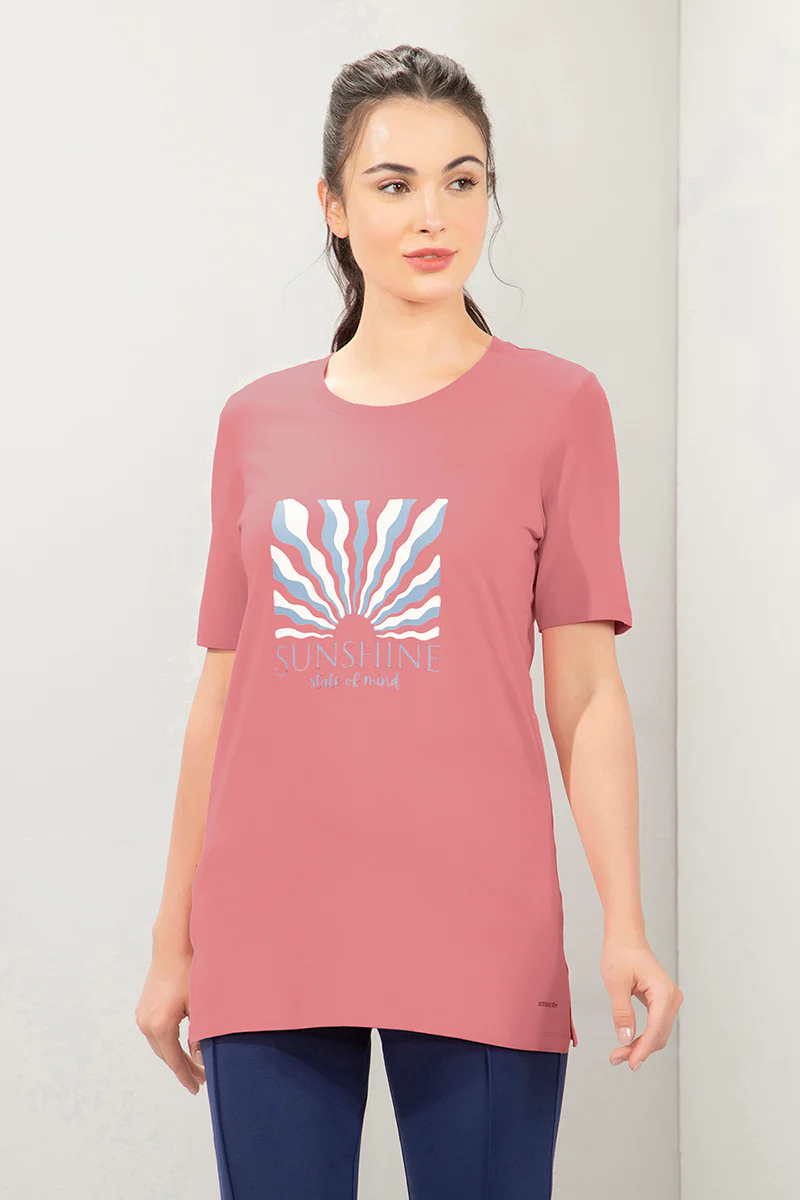 AMANTE WOMEN T-SHIRT STRETCH COTTON TERRY FABRIC A-LINE STYLING WITH RELAXED FIT, SIDE POCKET T-SHIRT