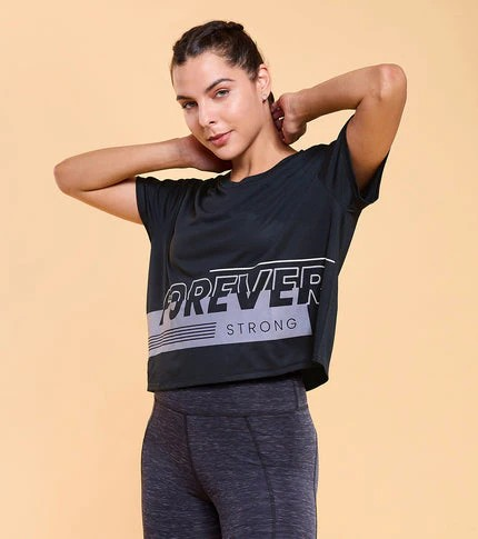 ENAMORE WOMEN T-SHIRTS TYPOGRAPHIC PRINTED DROP SHOULDER SLEEVES RELAXED FIT CROP T-SHIRT