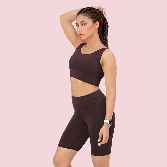 Enamor Sleeveless Crew Neck Crop Length Pull On Sports Bra for Women - Hugged Fit, Cut Away Back