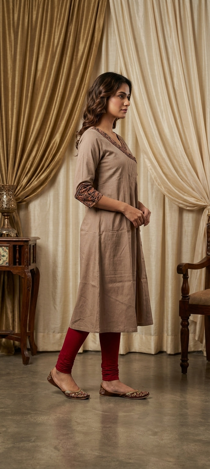 Embroidered V-Neck Pleated Ethnic Long Kurti for Women- LIGHT GRAY