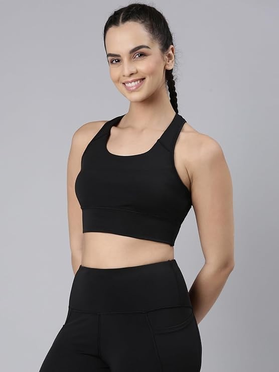 Enamor Wide Straps Seamed T-Back Basic Workout Sports Bra - Quick Dry, Antimicrobial, Removable Padding, Non-Wired, Full Coverage