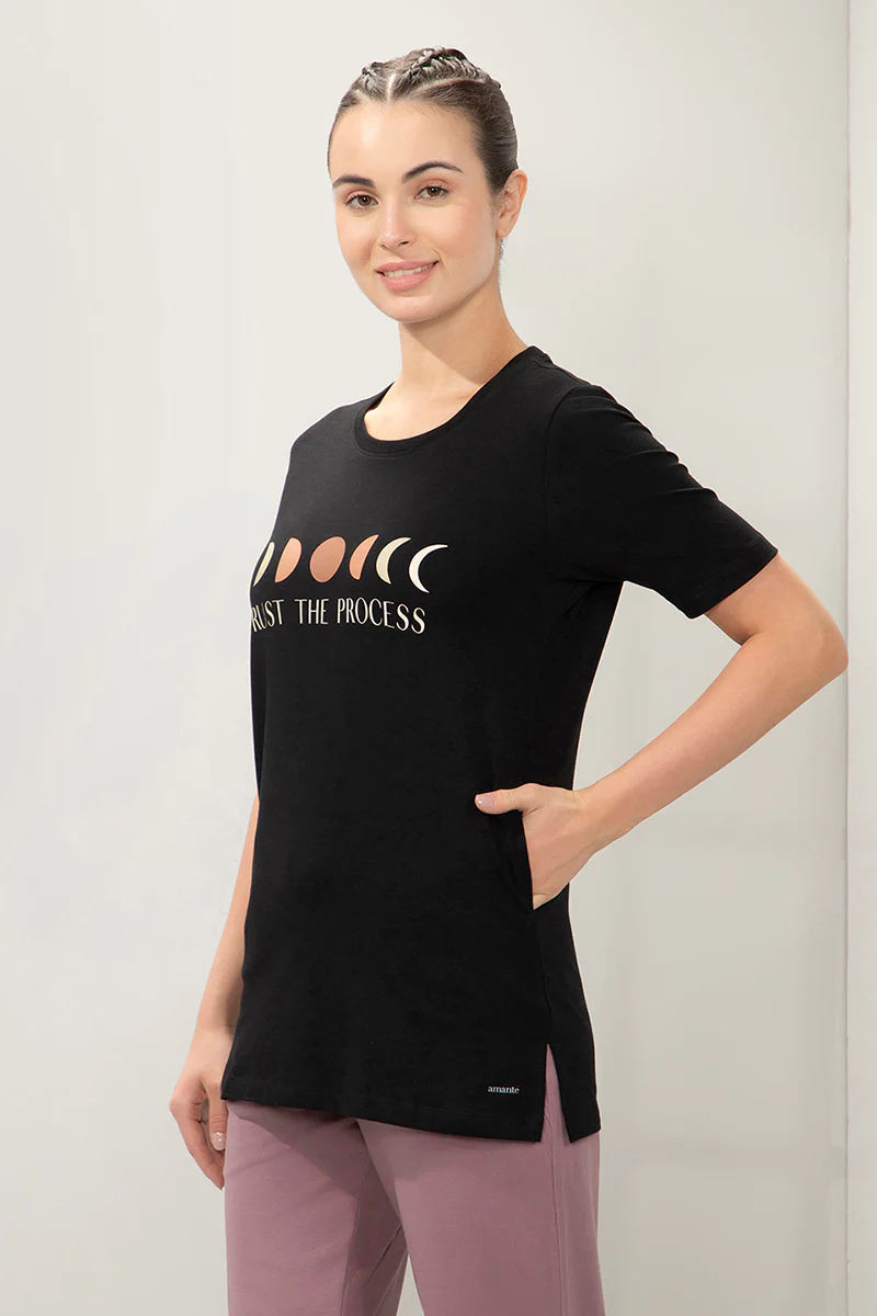 AMANTE WOMEN T-SHIRT STRETCH COTTON TERRY FABRIC A-LINE STYLING WITH RELAXED FIT, SIDE POCKET T-SHIRT