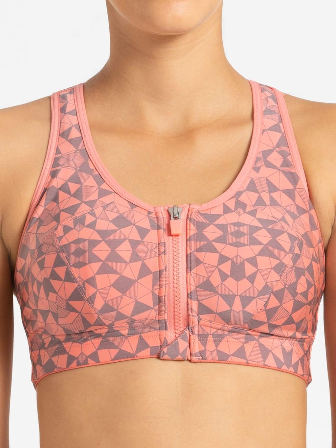Jockey Women's Sports Bra | Wirefree | Padded | Full Coverage | Printed | Racer Back Front Zipper Styling | Microfiber Elastane Fabric