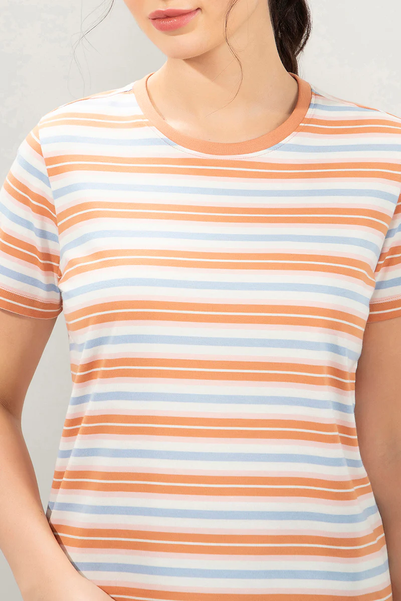 AMANTE WOMEN T-SHIRT RIBBED CREW NECK SHORT SLEEVES STRETCH COTTON FABRIC RELAXED FIT ESSENTIAL STRIPES T-SHIRT