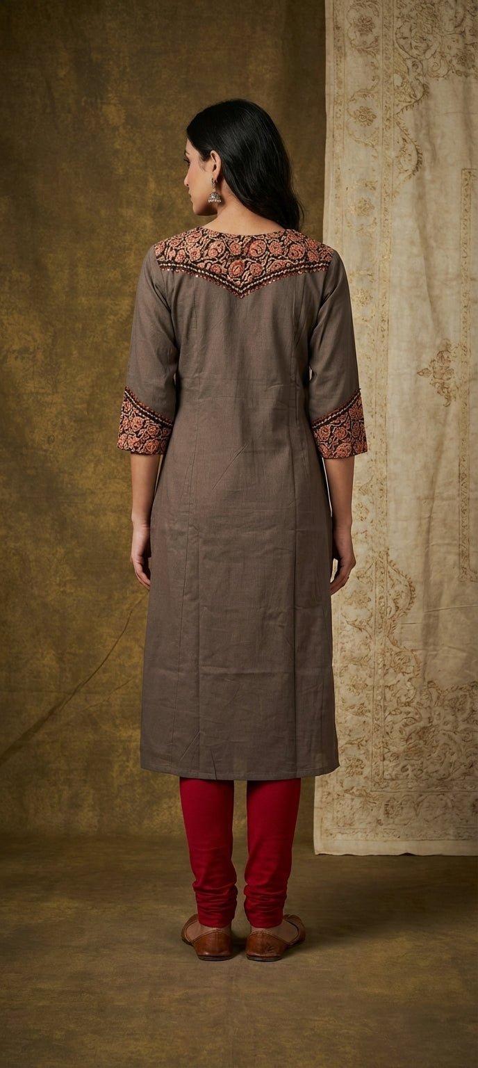 Ethnic Embroidered V-Neck Pleated Long Kurti -GRAY