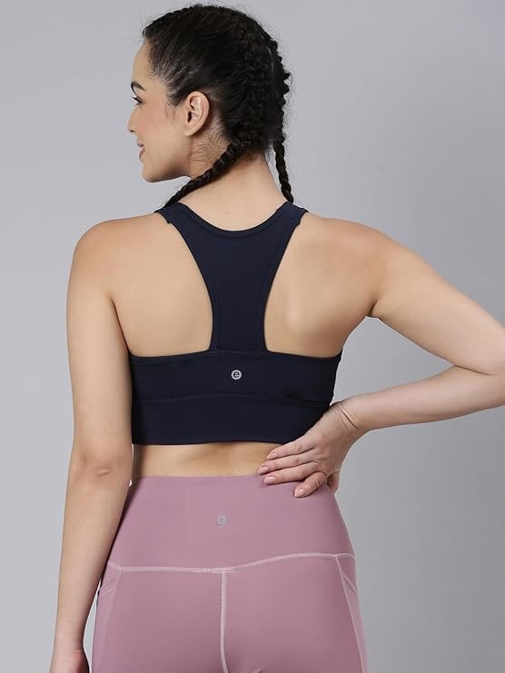 Enamor Wide Straps Seamed T-Back Basic Workout Sports Bra - Quick Dry, Antimicrobial, Removable Padding, Non-Wired, Full Coverage