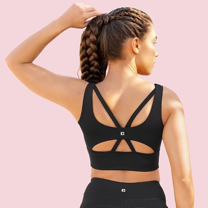Enamor Sleeveless Crew Neck Crop Length Pull On Sports Bra for Women - Hugged Fit, Cut Away Back