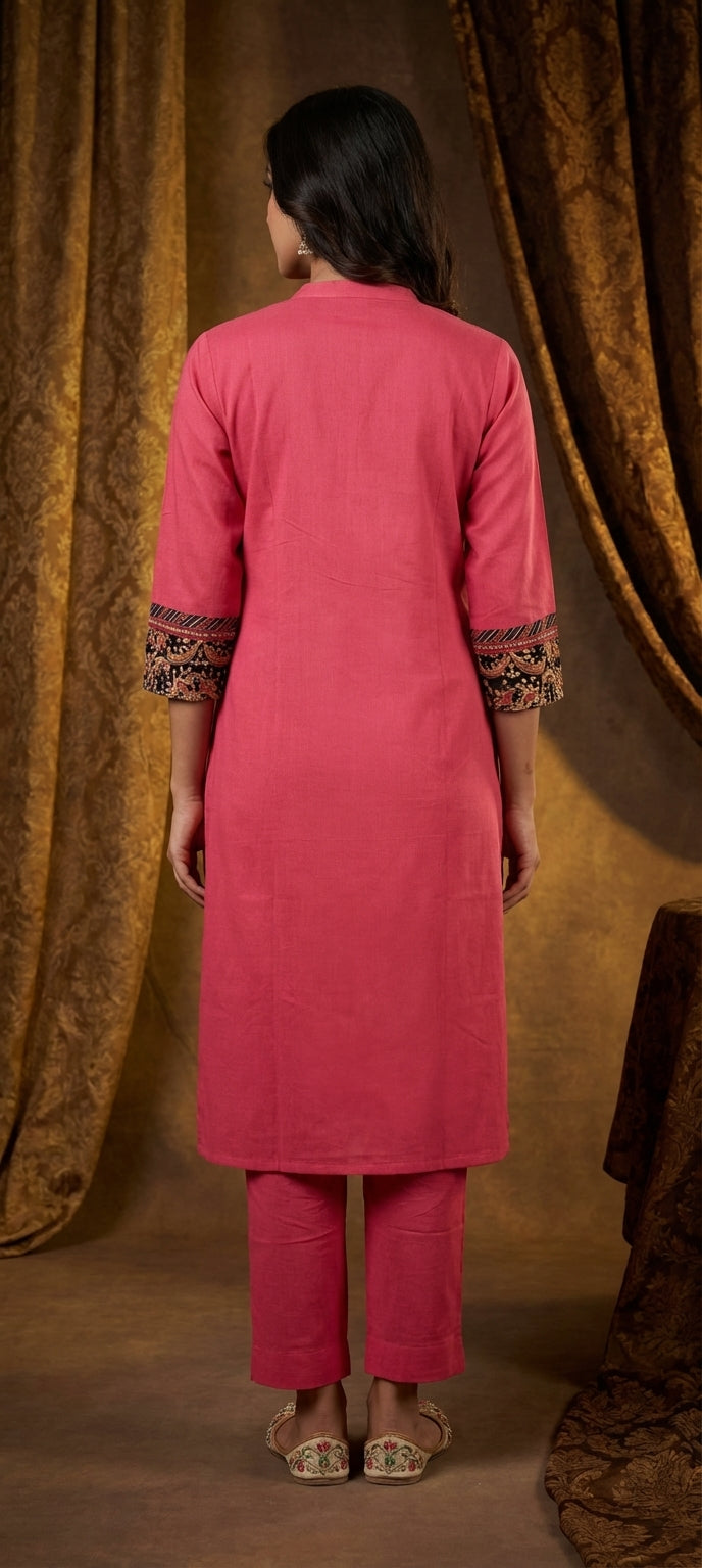 Cotton Blend Embroidered Neck Kurti with Pant Set