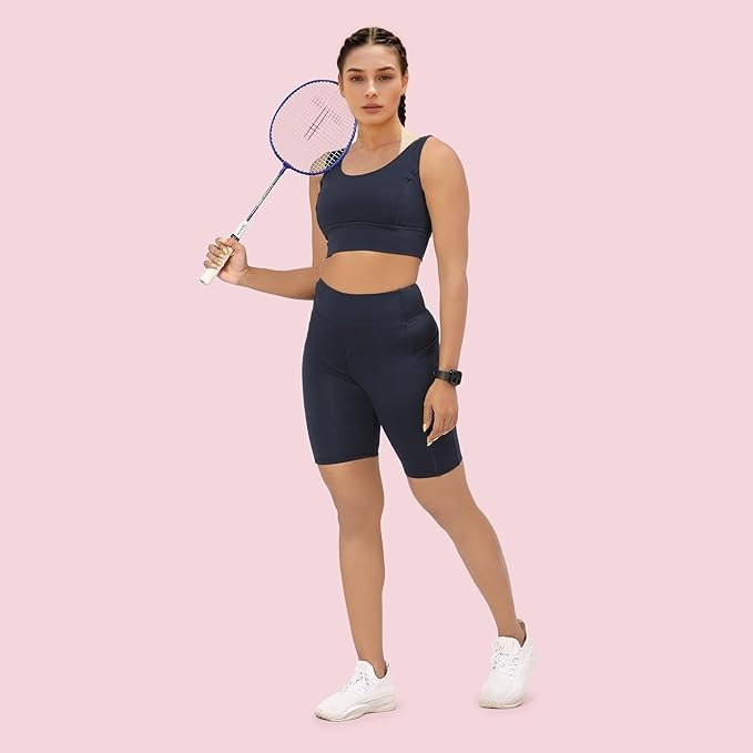 Enamor Sleeveless Crew Neck Crop Length Pull On Sports Bra for Women - Hugged Fit, Cut Away Back