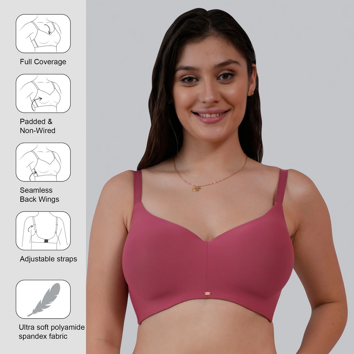 SOIE Women’s Full Coverage Padded Non-Wired Seamless T-Shirt Bra | Ultra Soft Nylon Spandex with Adjustable Straps, Side Support & Smooth Invisible Finish
