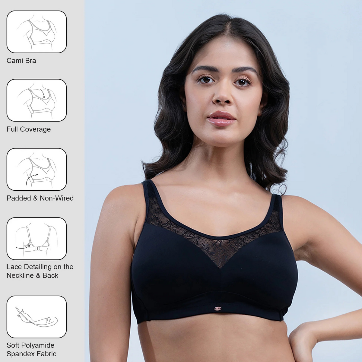SOIE Women’s Full Coverage Padded Non-Wired Lacy Cami Bra|Soft Nylon Spandex Everyday Comfort Bra with Adjustable Straps & Feminine Lace Detailing