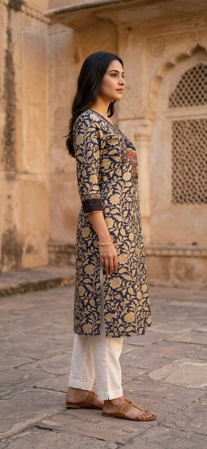 Paneri Noor-E-Meher Navy Floral Embroidered Kurti