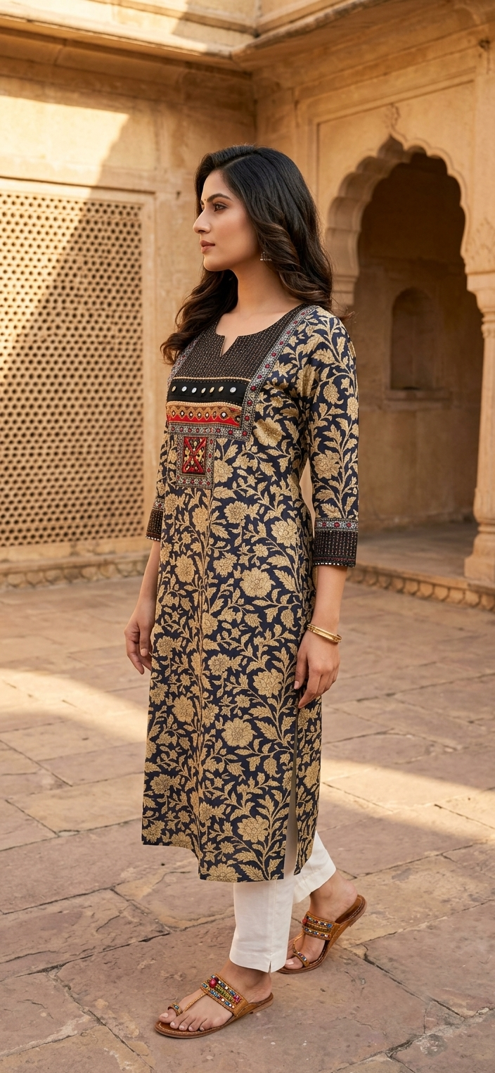 Paneri Noor-E-Meher Navy Floral Embroidered Kurti