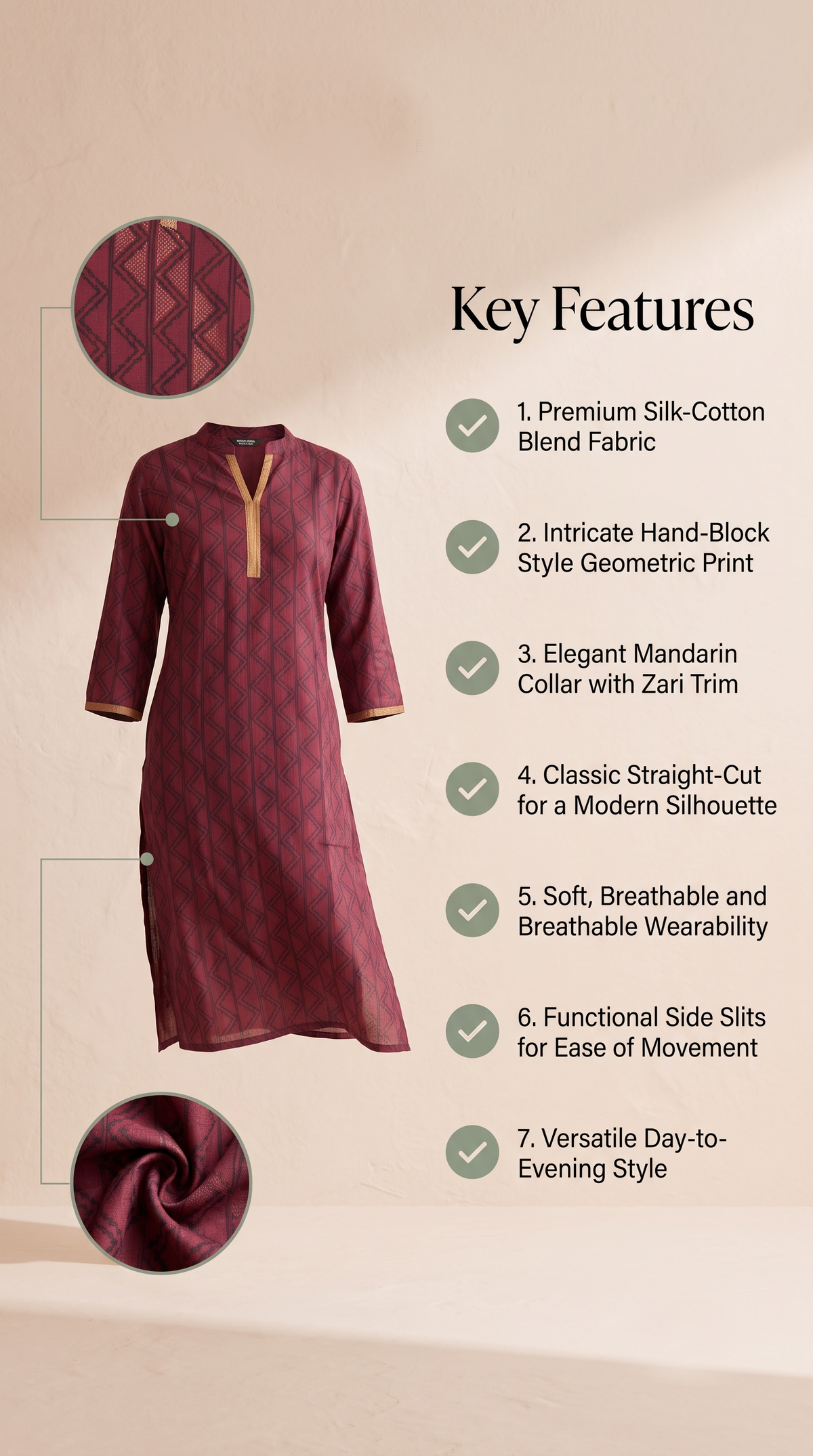 Paneri Embroidery Wine Geometric Print Straight Kurti