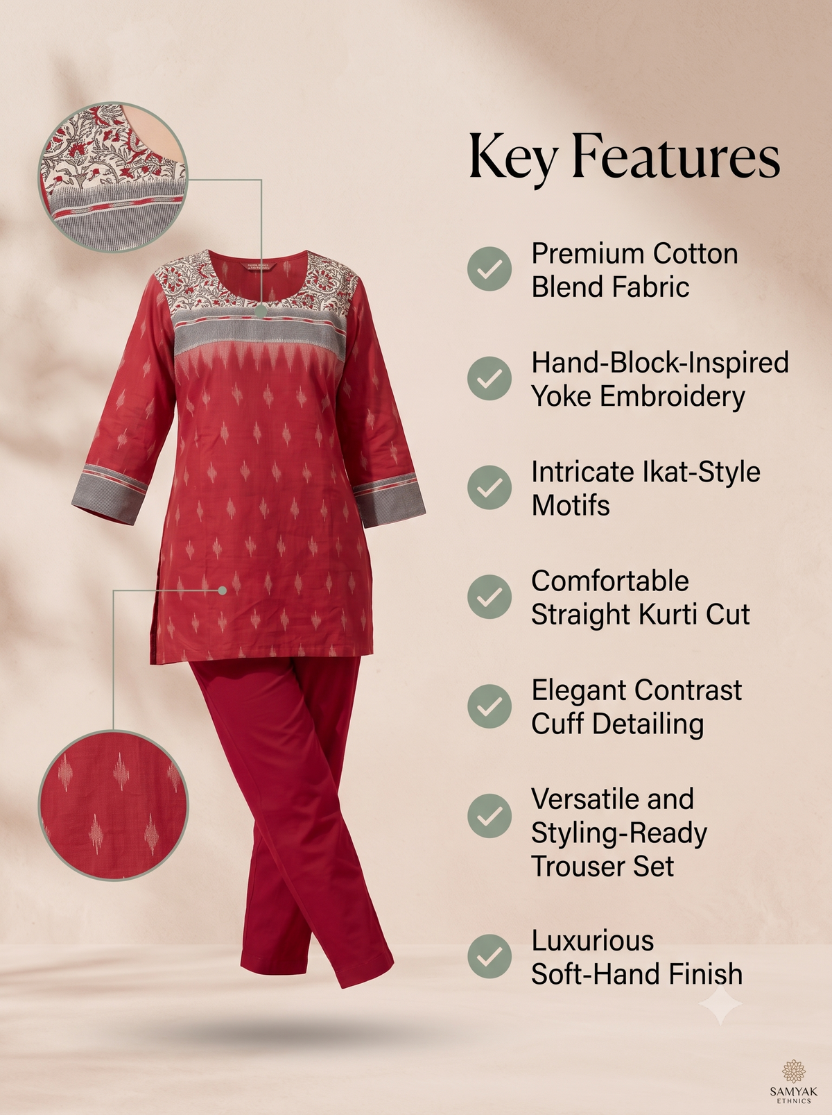 Paneri Embroidery Rust Red Ikat Floral Yoke Short Kurti