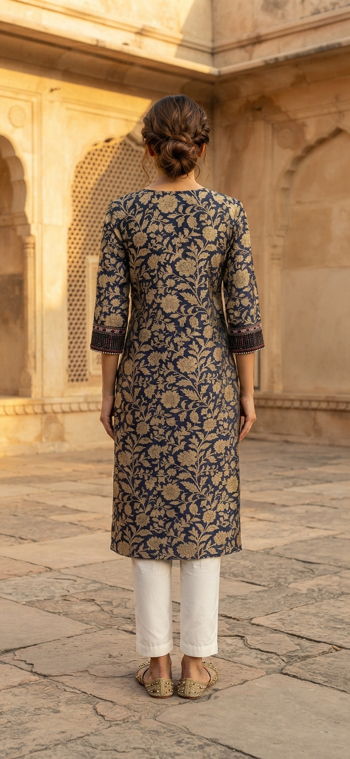 Paneri Noor-E-Meher Navy Floral Embroidered Kurti