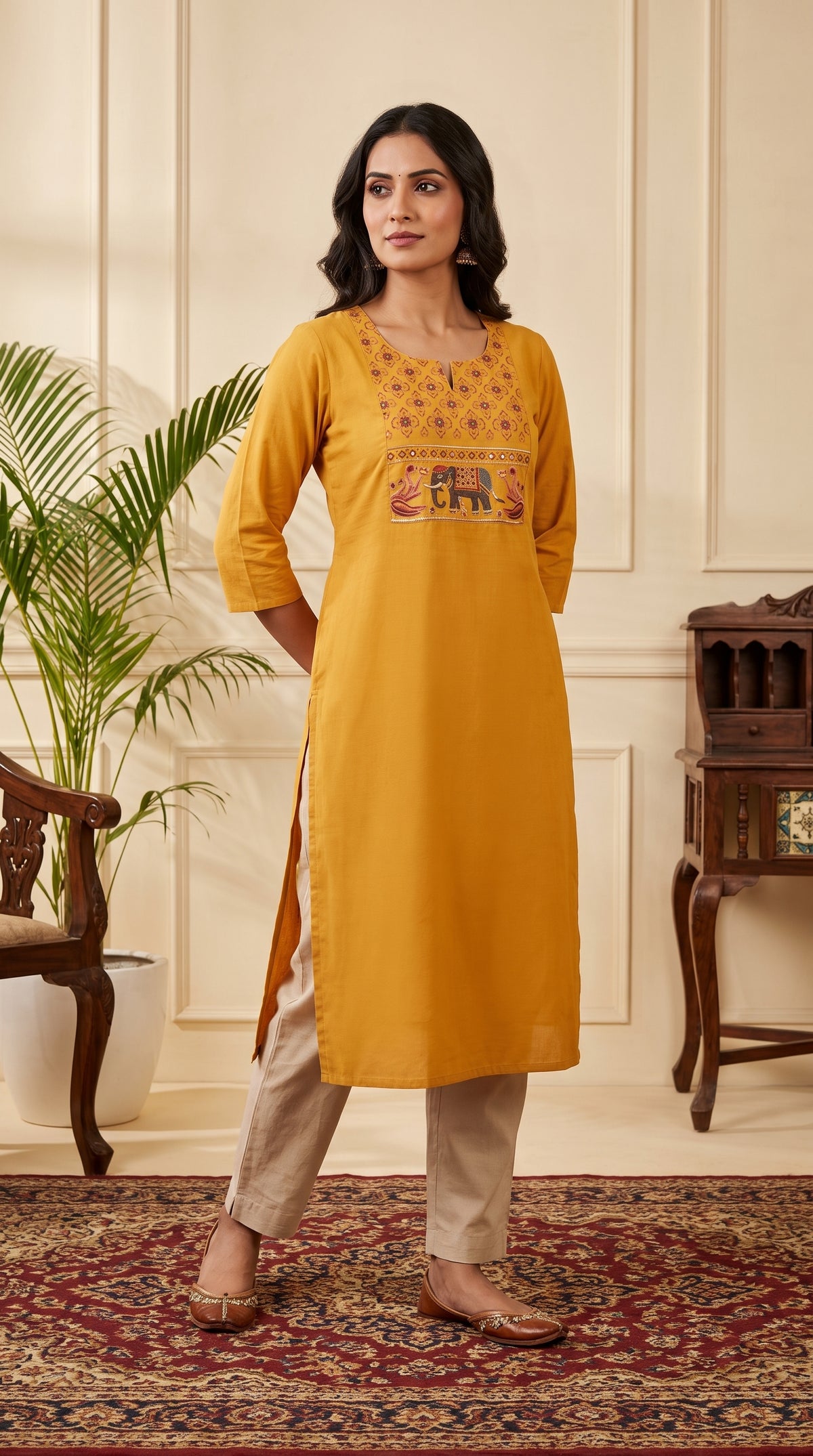 Paneri Women's Mustard Yellow Embroidered Cotton Kurti