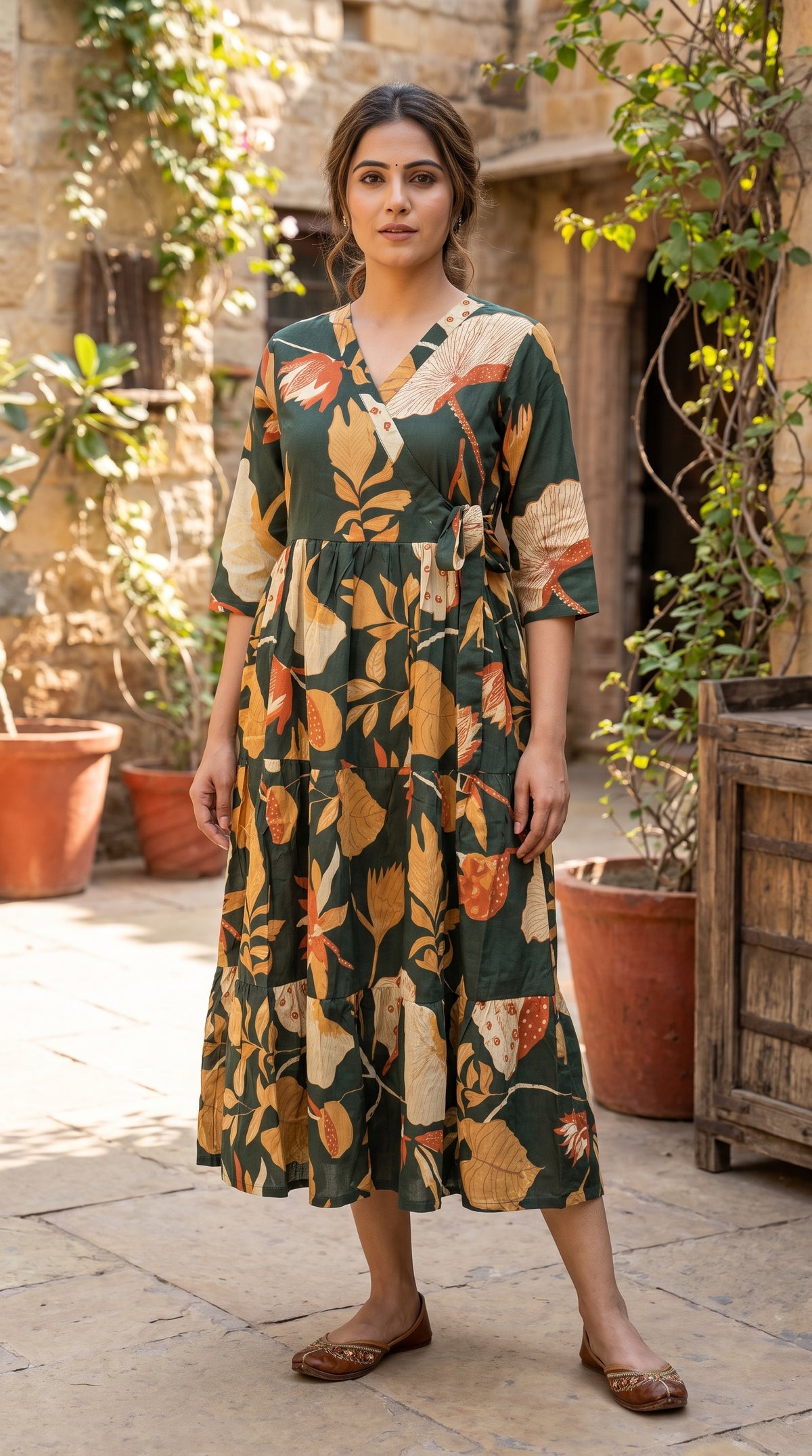 Paneri Embroidery Forest Green Floral Wrap Tiered Dress