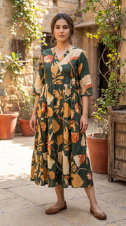 Paneri Embroidery Forest Green Floral Wrap Tiered Dress