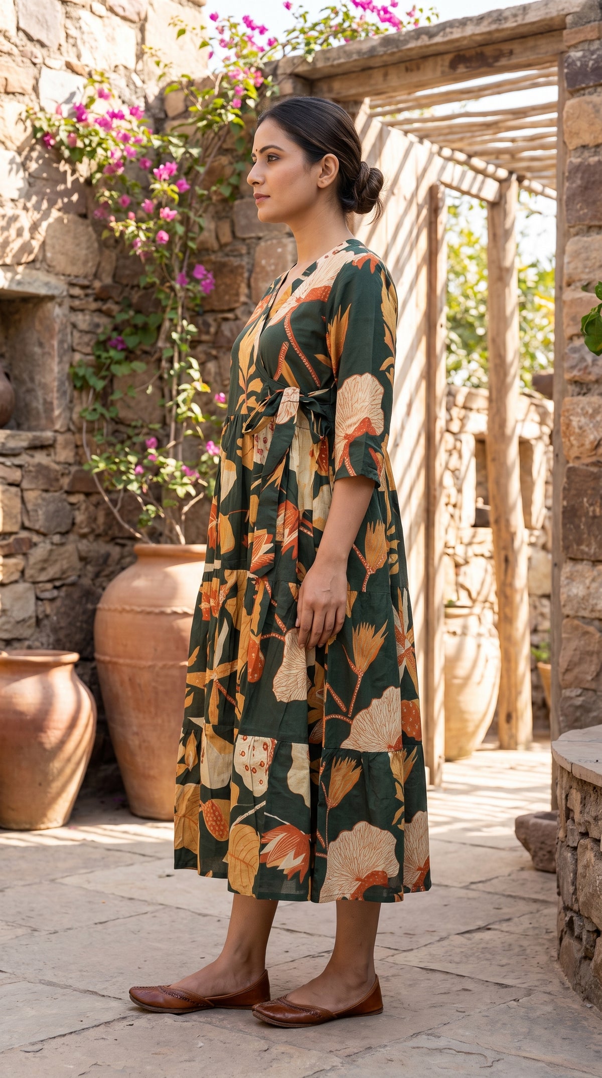 Paneri Embroidery Forest Green Floral Wrap Tiered Dress