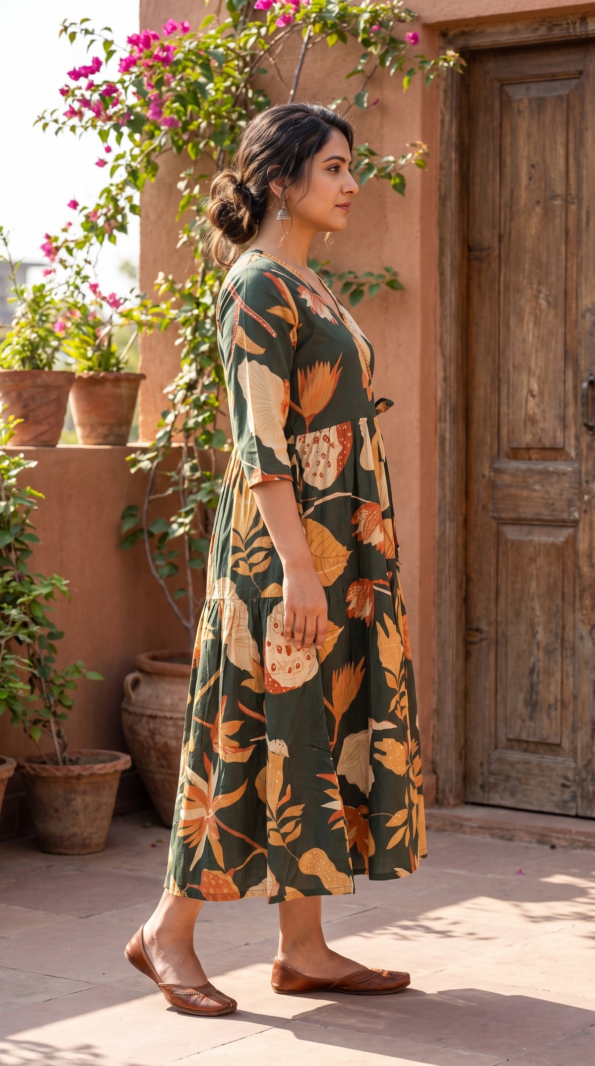 Paneri Embroidery Forest Green Floral Wrap Tiered Dress