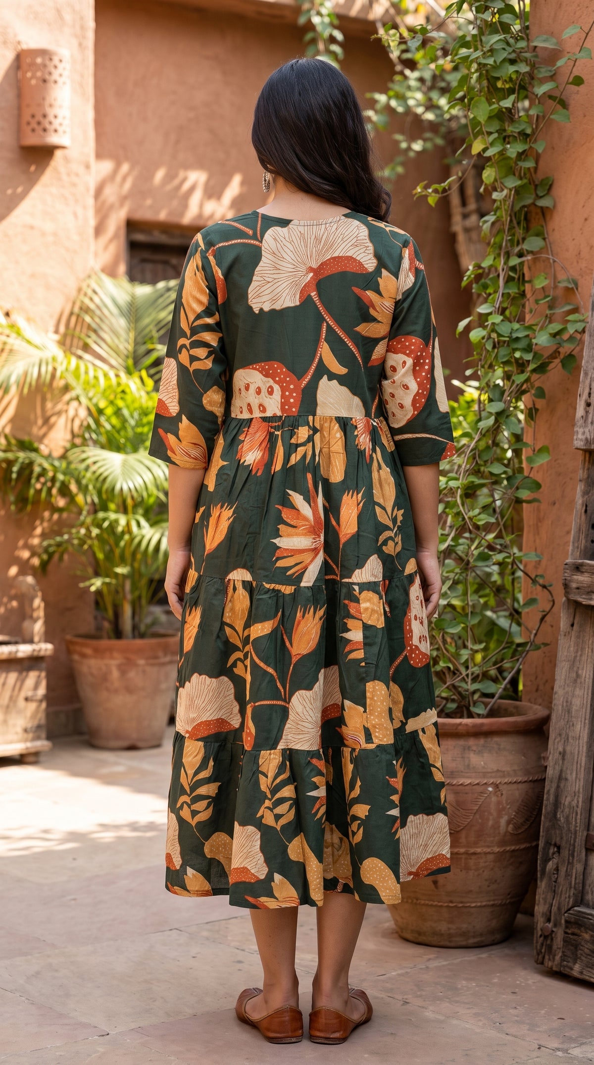 Paneri Embroidery Forest Green Floral Wrap Tiered Dress