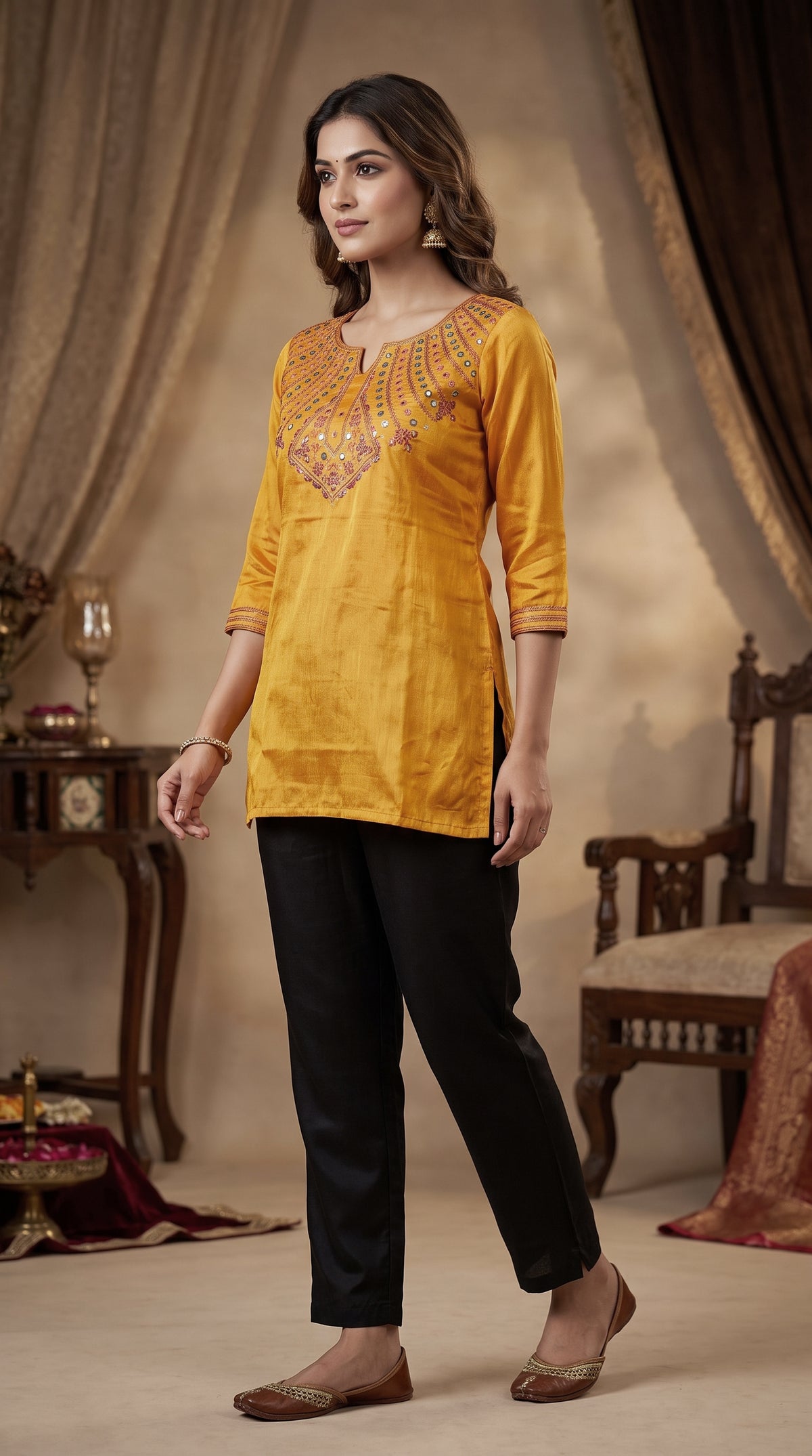 Paneri Embroidery Mustard Gold Embroidered Short Kurti for Women