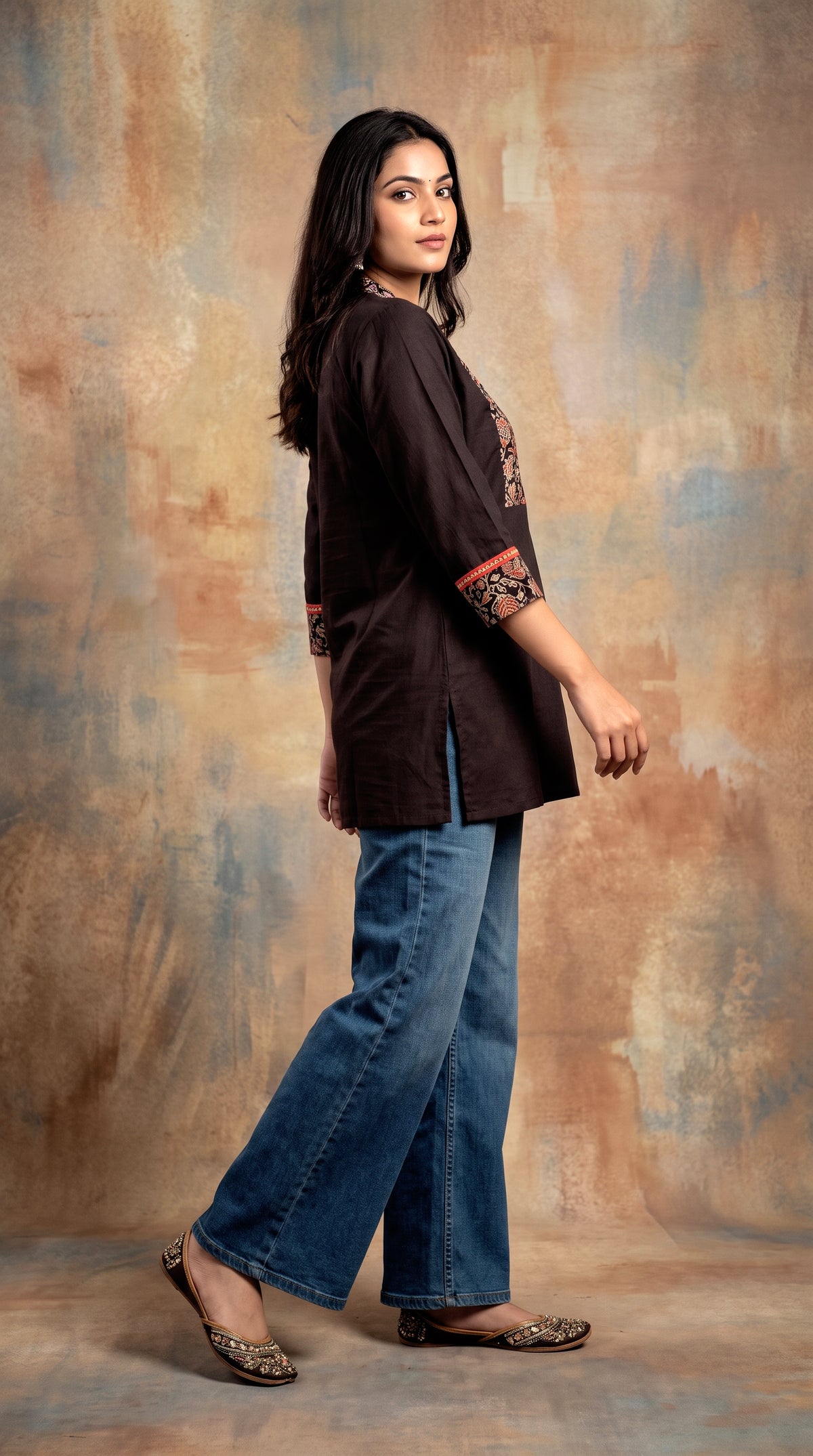 Paneri Embroidery Ajrakh Print Yoke Short Kurti