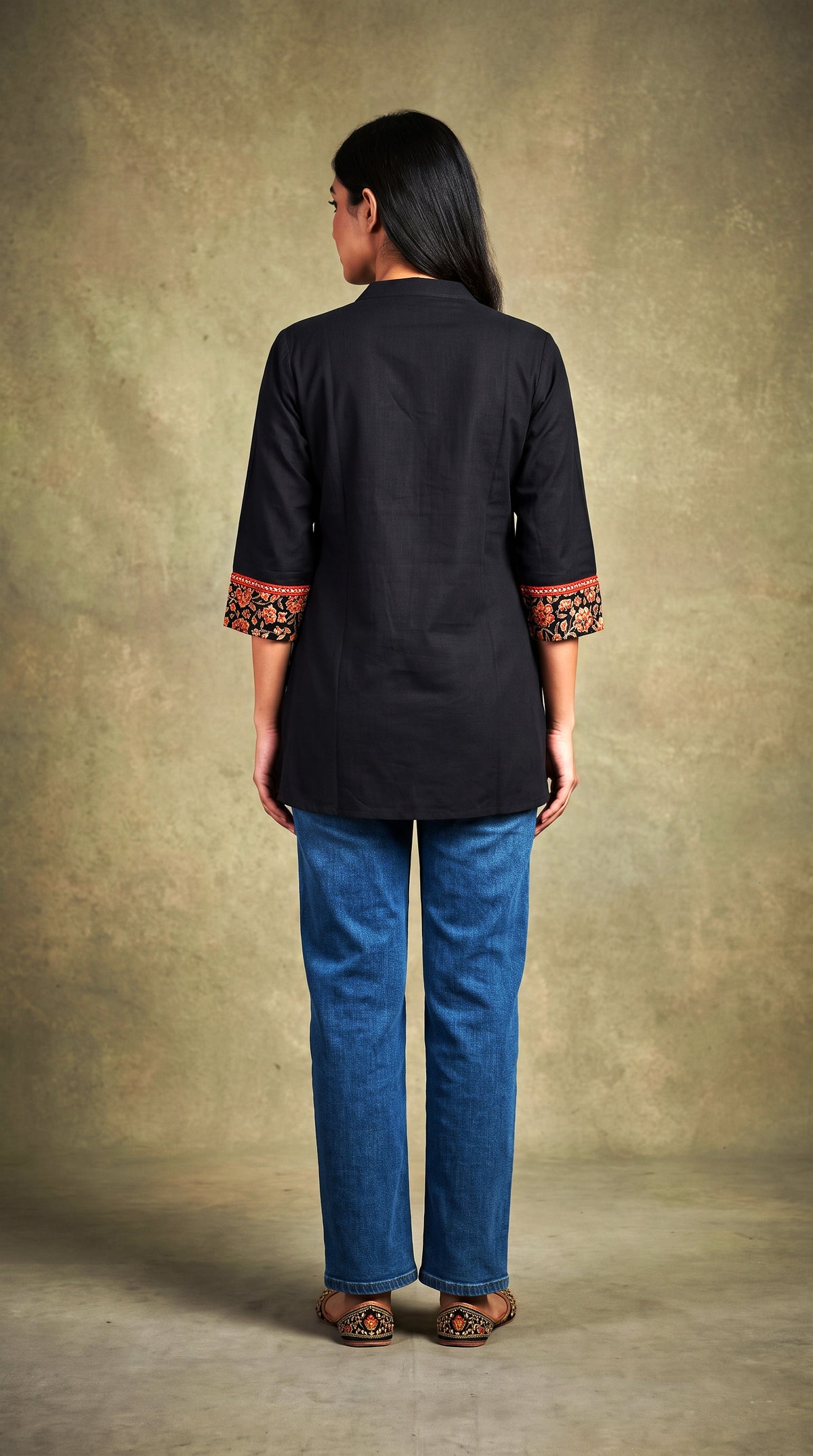 Paneri Embroidery Ajrakh Print Yoke Short Kurti