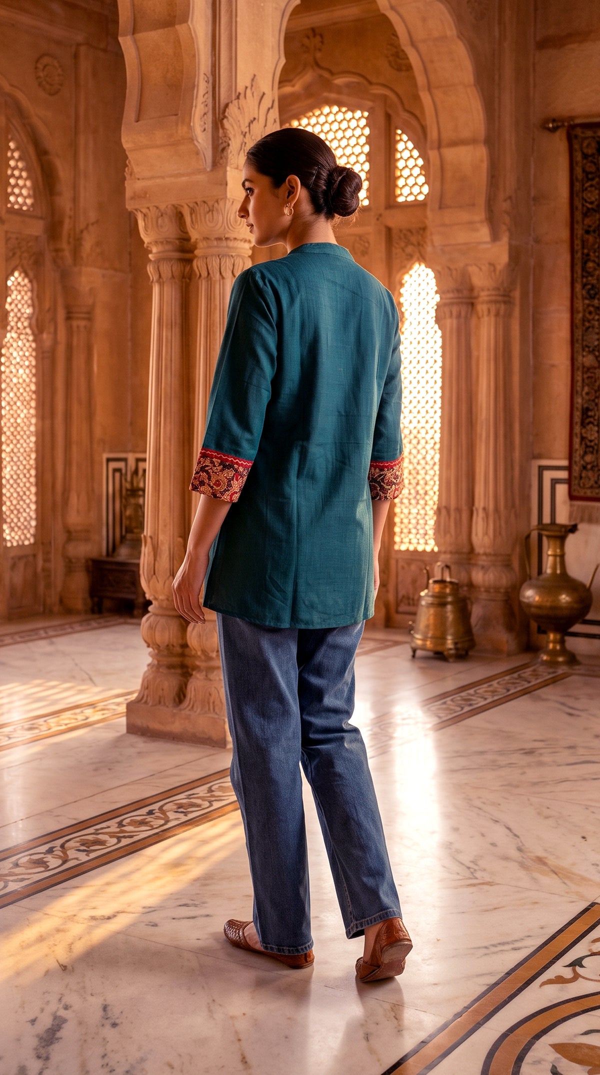 Paneri Embroidery Ajrakh Print Yoke Short Kurti
