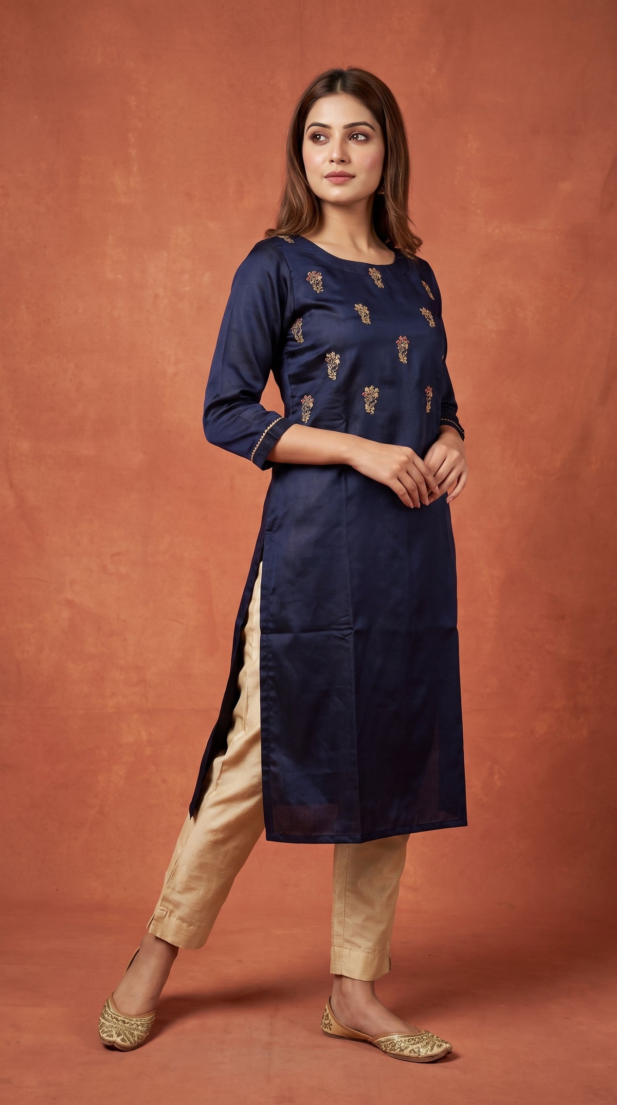 PANERI EMBROIDERY Navy Gold Embroidered Straight Sillk Kurti