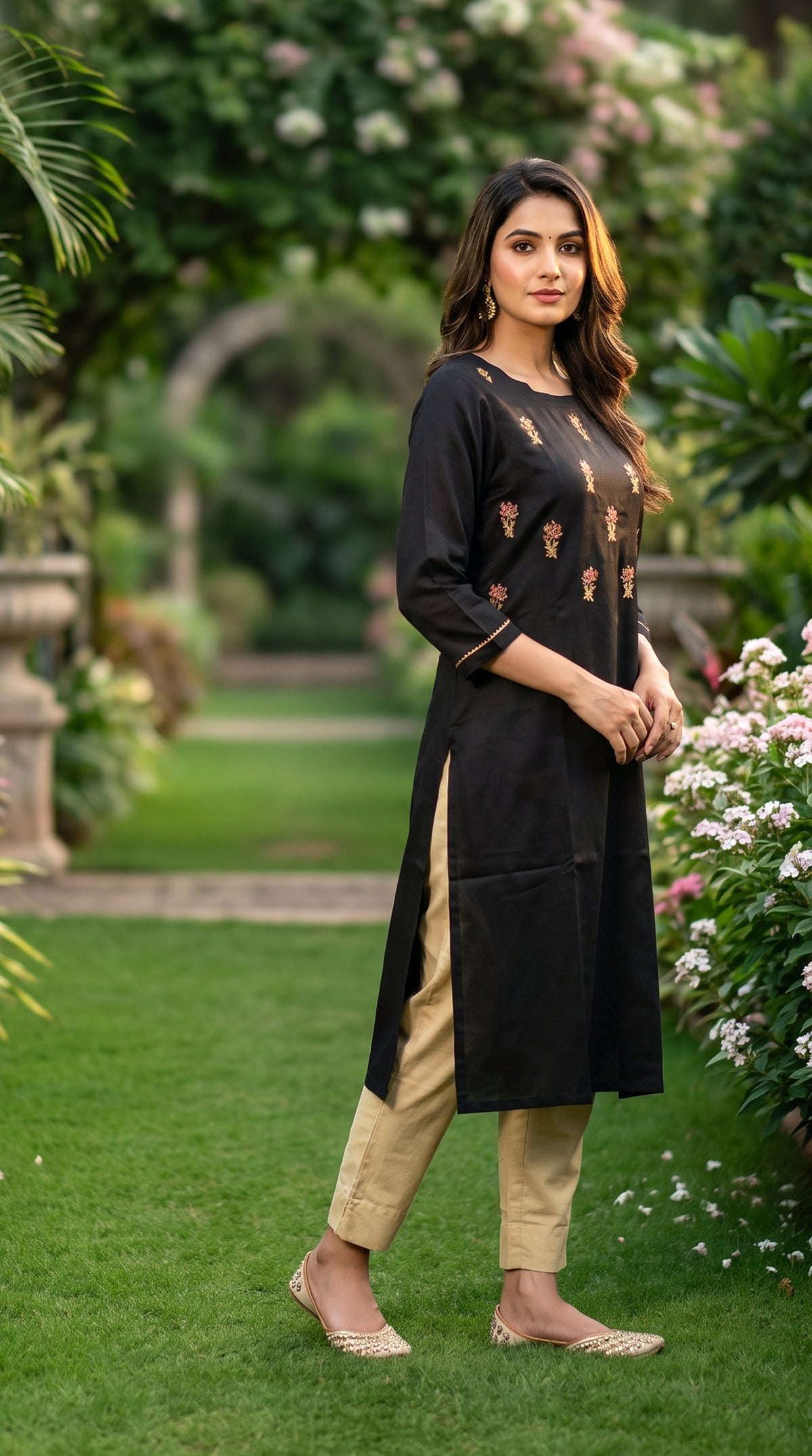 PANERI EMBROIDERY Black Gold Embroidered Straight Sillk Kurti