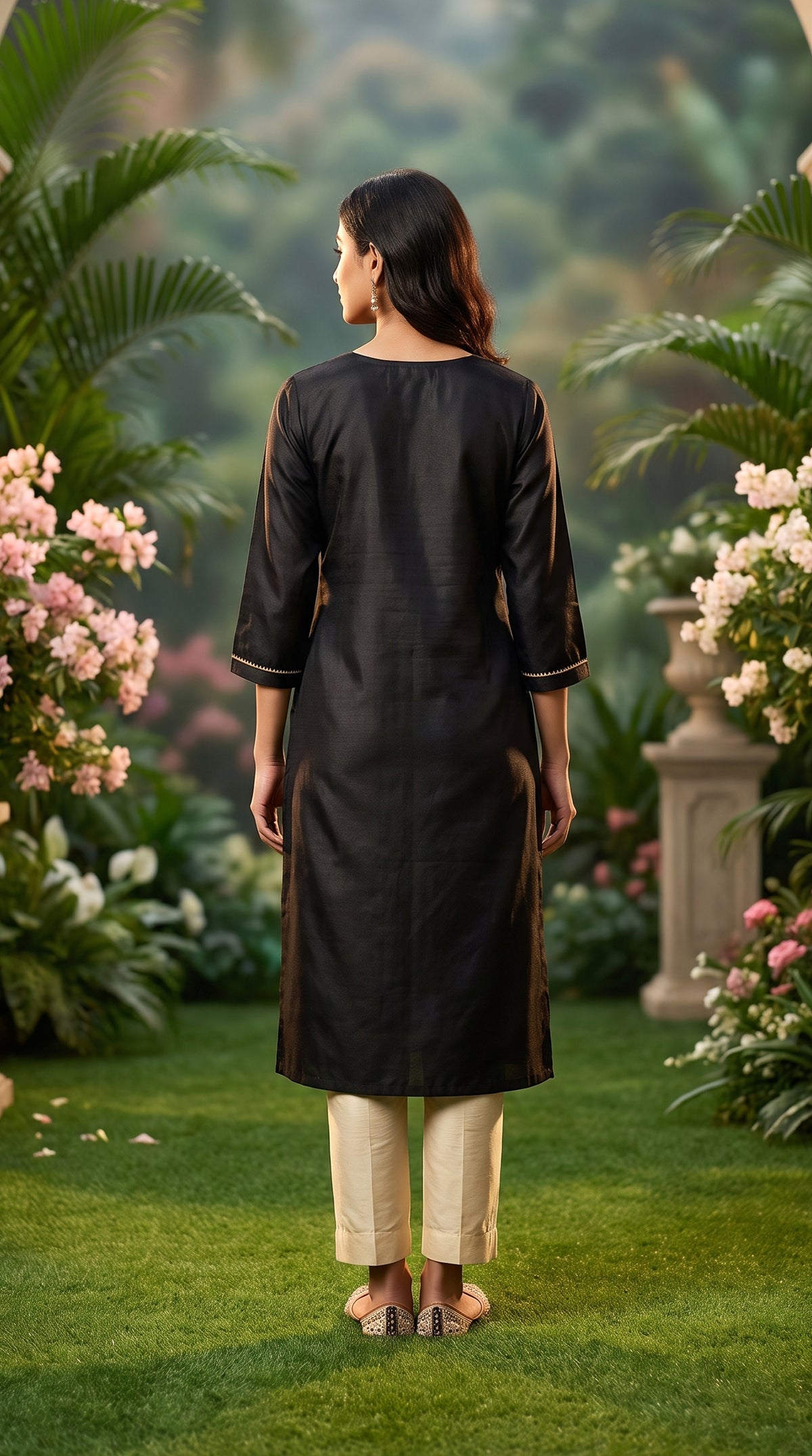 PANERI EMBROIDERY Black Gold Embroidered Straight Sillk Kurti