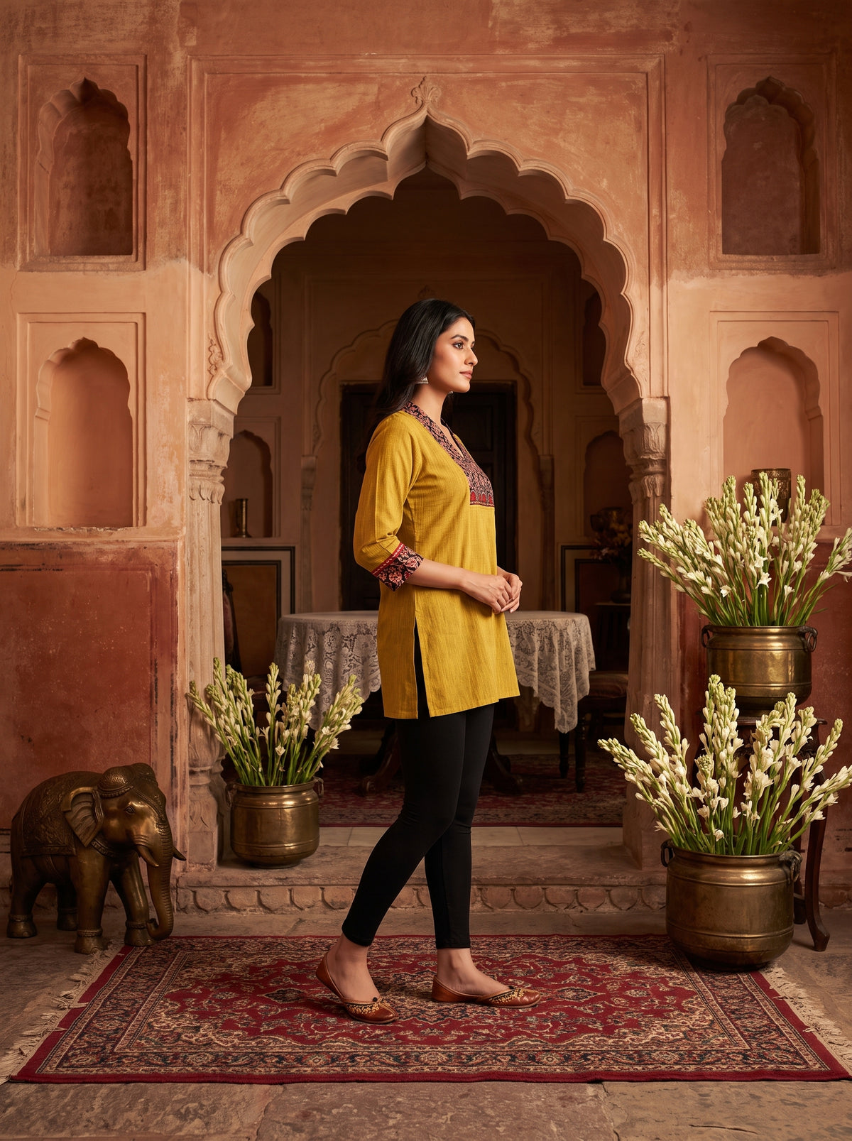 Paneri Embroidery Mustard Floral Short Kurti