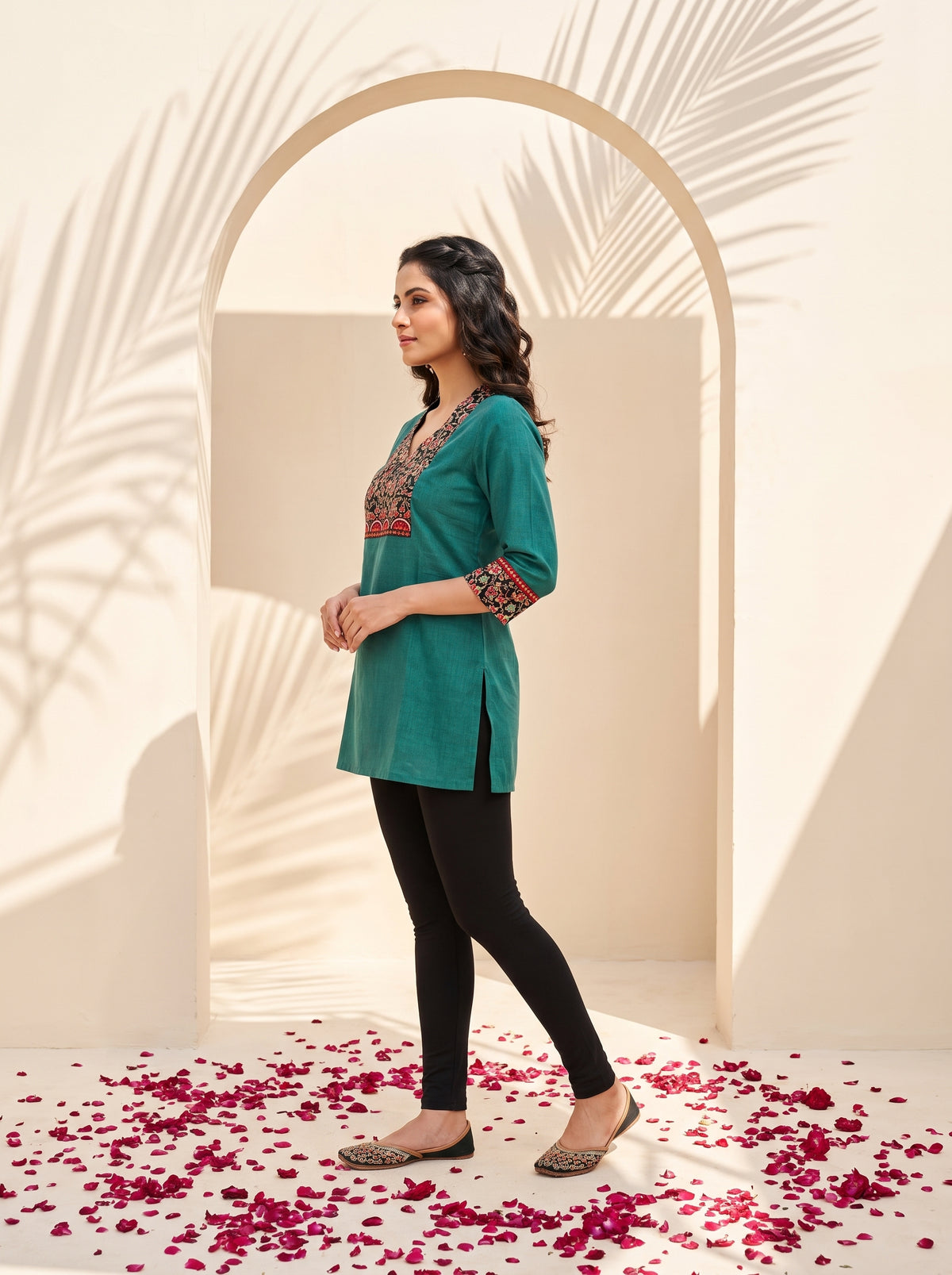 Paneri Embroidery Teal Floral Short Kurti