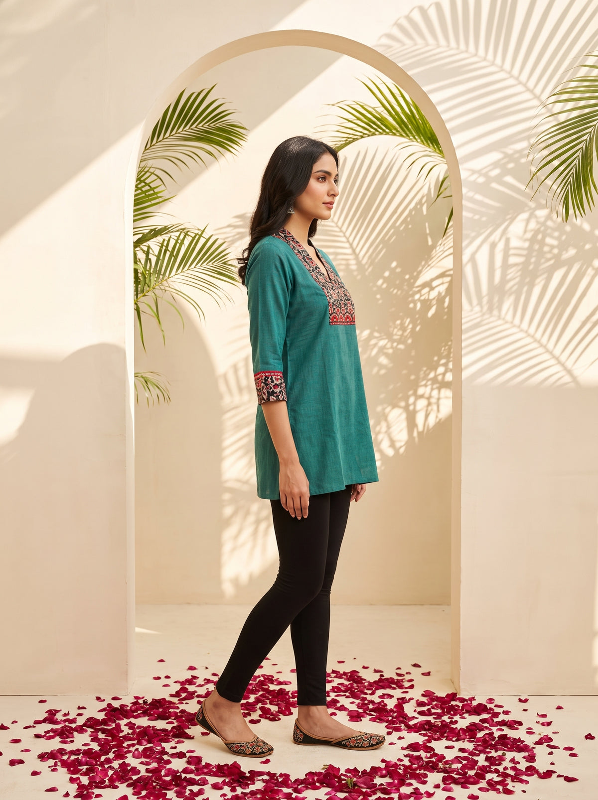 Paneri Embroidery Teal Floral Short Kurti