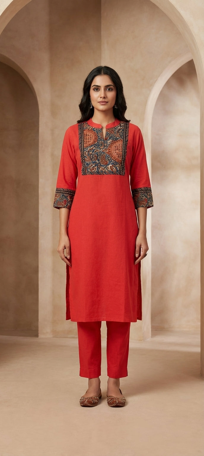 Designer Kalamkari Neck Panel Embroidered Long Kurti Set -ORANGE