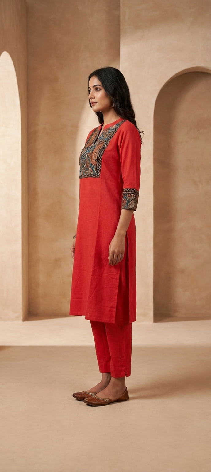 Designer Kalamkari Neck Panel Embroidered Long Kurti Set -ORANGE