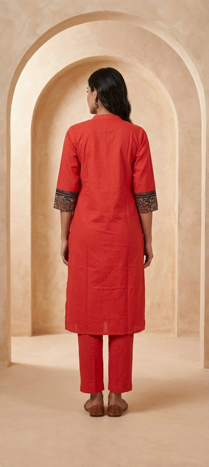 Designer Kalamkari Neck Panel Embroidered Long Kurti Set -ORANGE