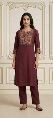 Traditional Kalamkari Panel Neck Embroidery Long Kurti Set - WINE