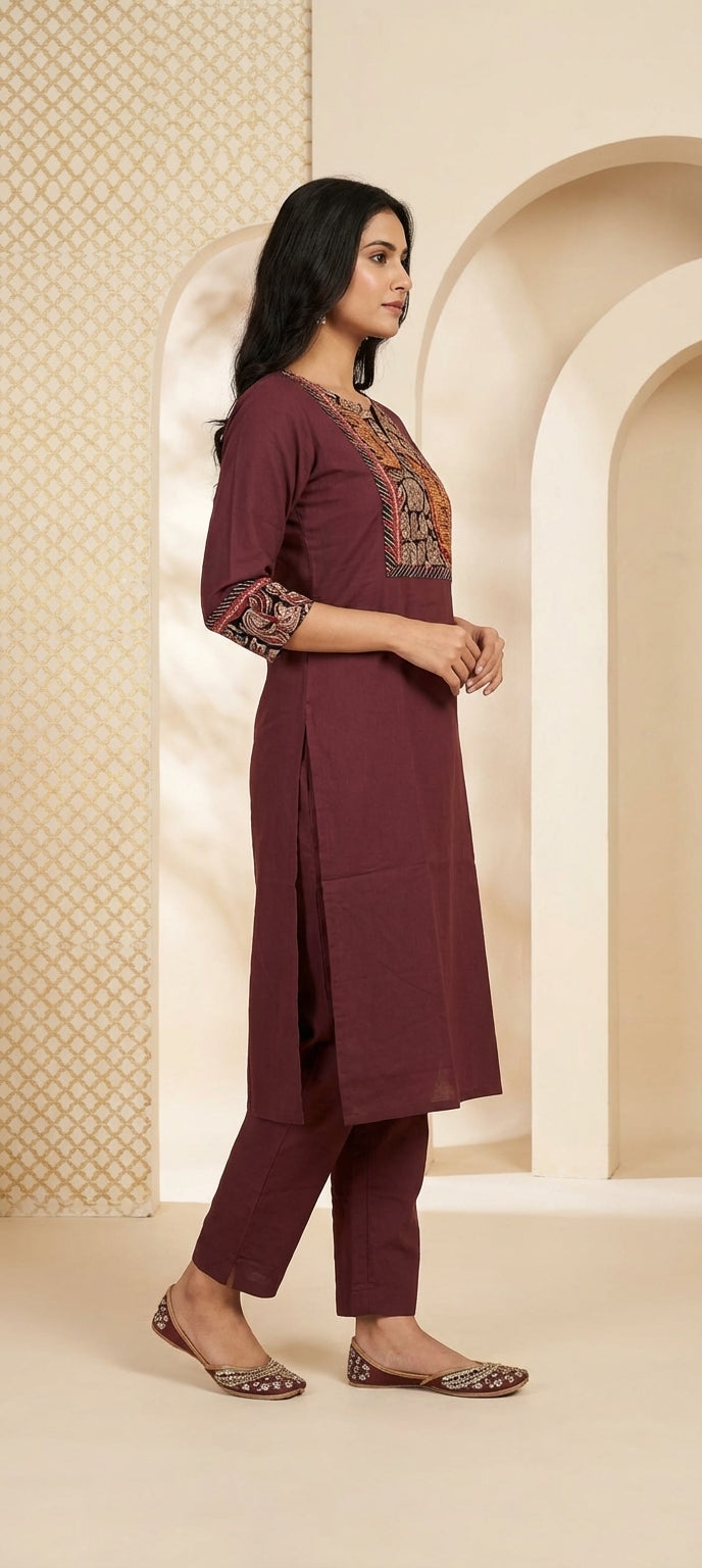 Traditional Kalamkari Panel Neck Embroidery Long Kurti Set - WINE